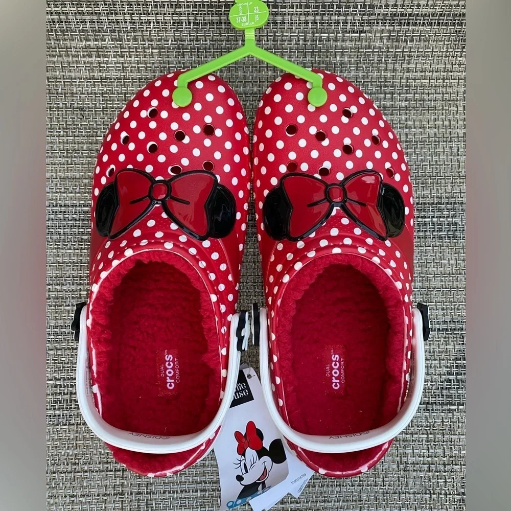CROCS Disney Minnie Mouse Big Girls Fur Lined Red Bow White Polka Dot Clog Sz j5